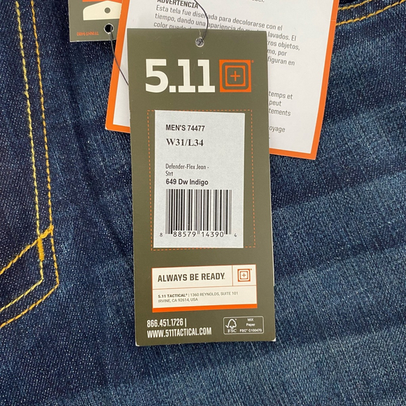 5.11 Tactical Defender-Flex Jeans Men’s 31x34 Blue Straight Fit - Picture 11 of 12